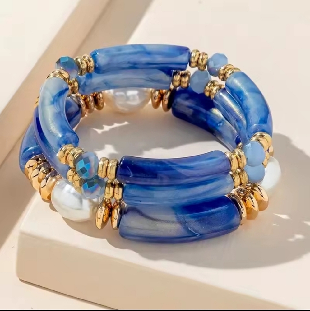 Vintage Design Resin Elastic Blue Bamboo Gold Color Spacer Pearl Bracelet